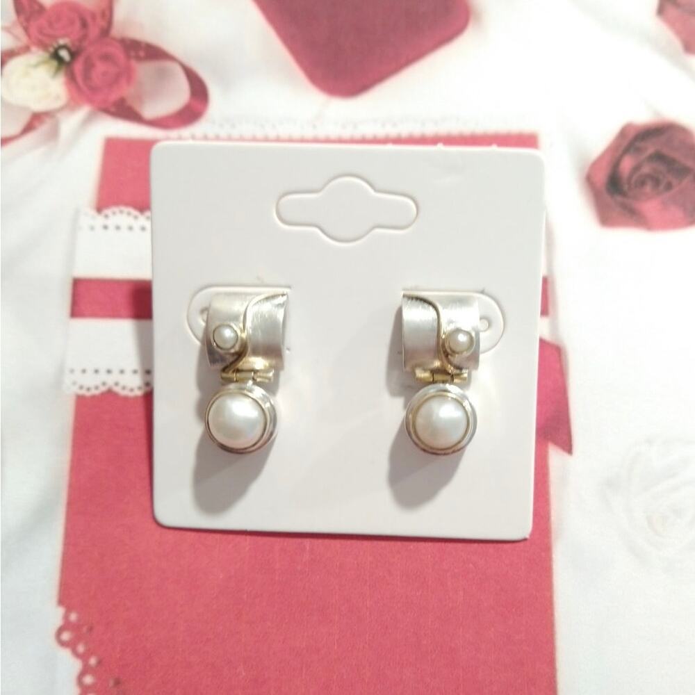 EP Signed Freshwater Pearls Dangle Earrings 14k yellow Gold Sterling Silver 925